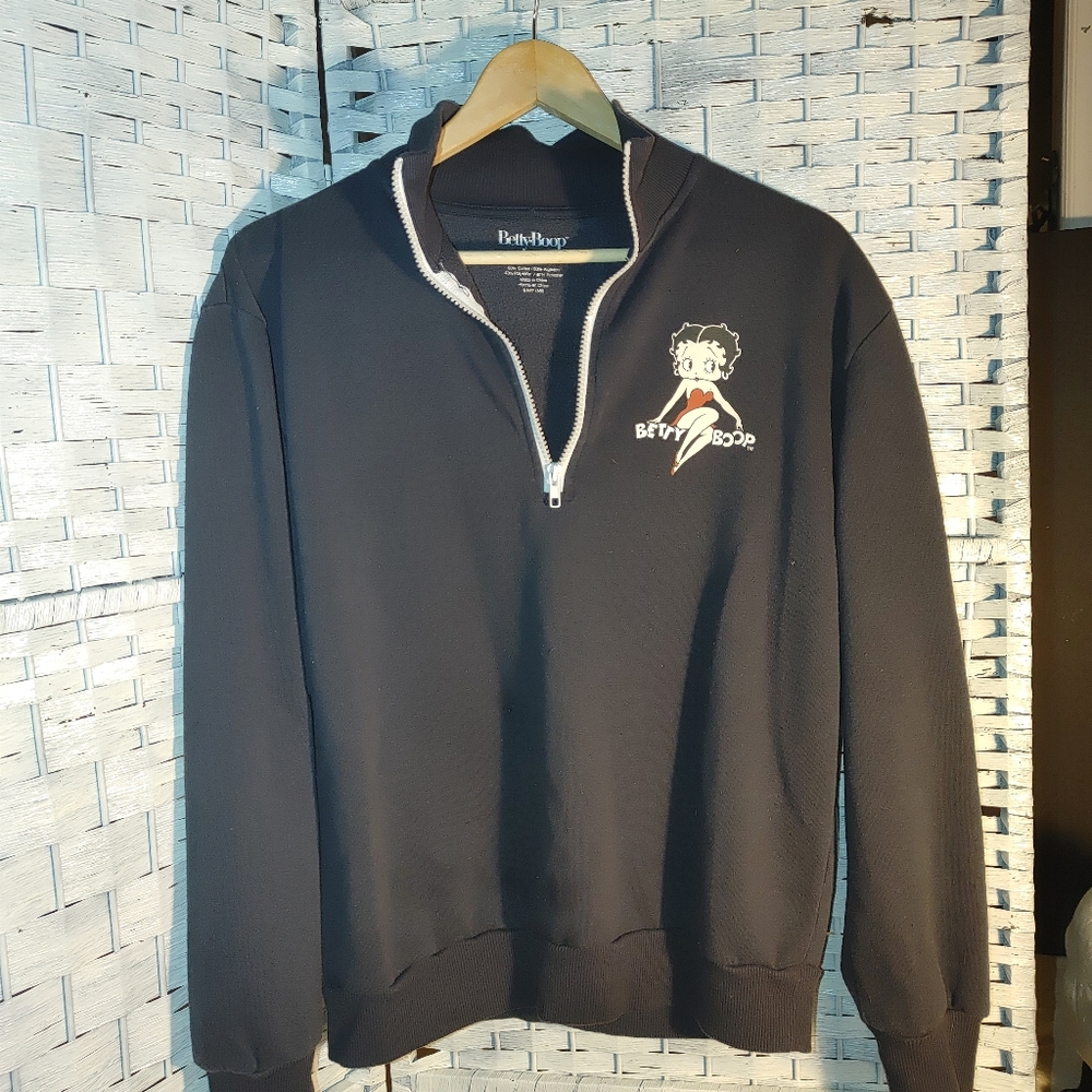 Betty Boop Size Large 1/4 Zip Sweater Pullover Black Rib Knit Trim